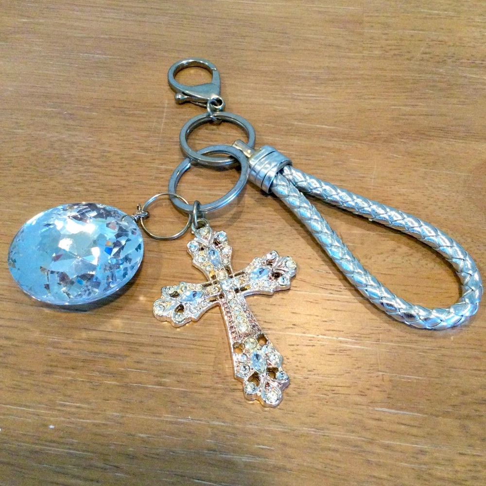Key Chain w/ Crystal, Rhinestone Cross, Braided Rope